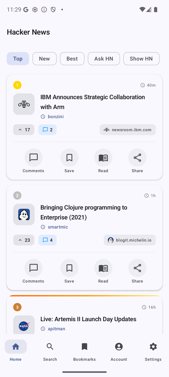 Kuokka showing the top Hacker News stories, each with score, comment count and quick actions.